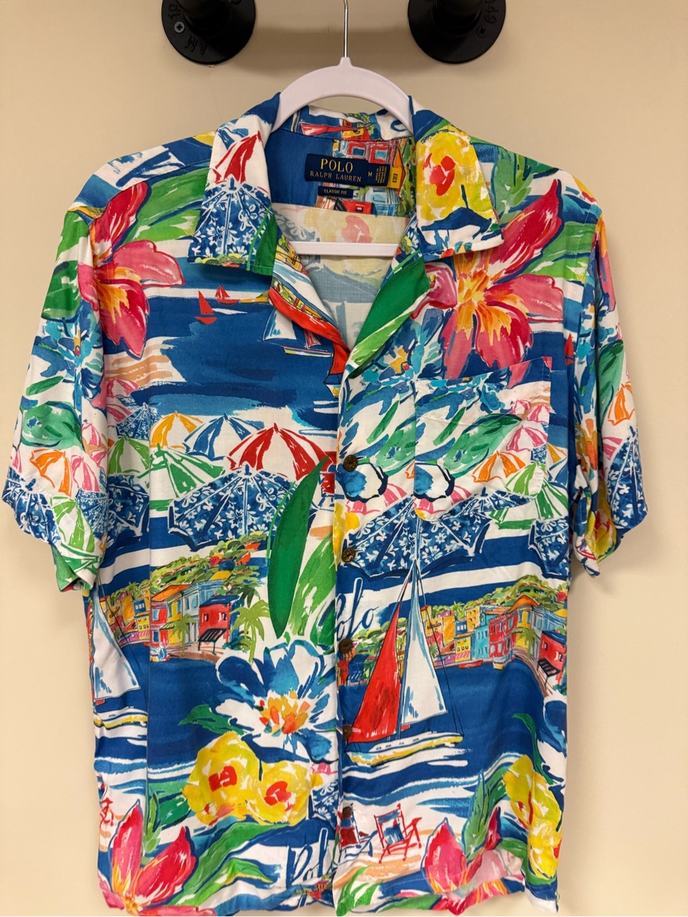 Polo by Ralph Lauren Blue Tropical Print Short Sleeve Shirt men’s medium - Picture 3 of 7